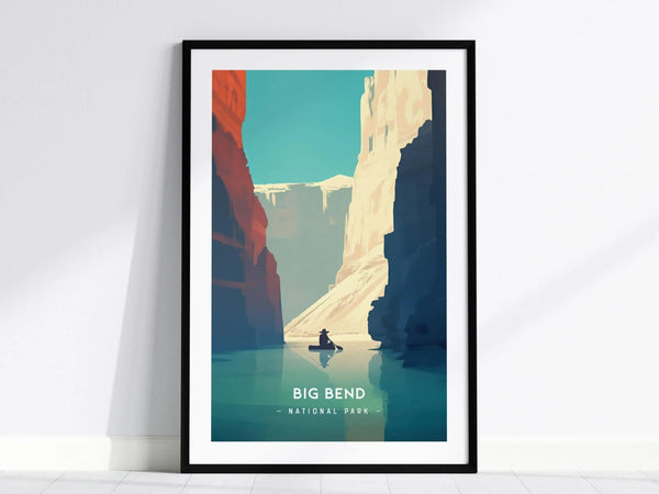 A framed poster features a minimalist illustration of Big Bend National Park, depicting a lone figure in a canoe on the Rio Grande, surrounded by towering canyon walls.