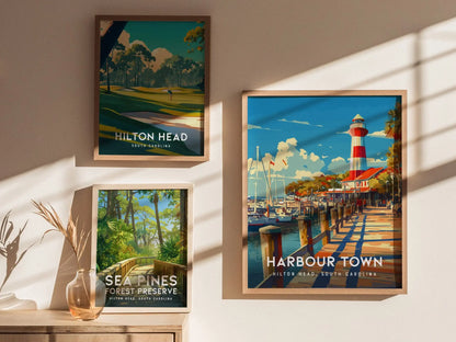 Harbour Town Lighthouse, Hilton Head Island, South Carolina Wall Art SC Nautical Travel Poster Print Southeast Beach Home Decor Gift Set