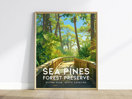 Framed poster of Sea Pines Forest Preserve featuring a wooden boardwalk winding through lush greenery and tall trees, with text Sea Pines Forest Preserve, Hilton Head, South Carolina.