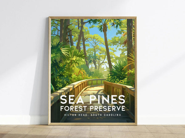 Framed poster of Sea Pines Forest Preserve featuring a wooden boardwalk winding through lush greenery and tall trees, with text Sea Pines Forest Preserve, Hilton Head, South Carolina.