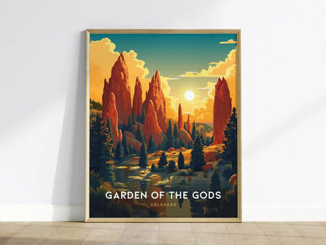 A framed poster of Garden of the Gods features vibrant red rock formations under a bright sun, surrounded by lush greenery and a dramatic sky.