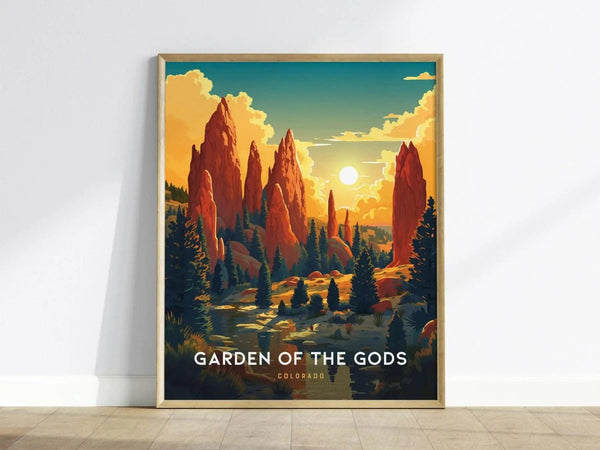 A framed poster of Garden of the Gods features vibrant red rock formations under a bright sun, surrounded by lush greenery and a dramatic sky.