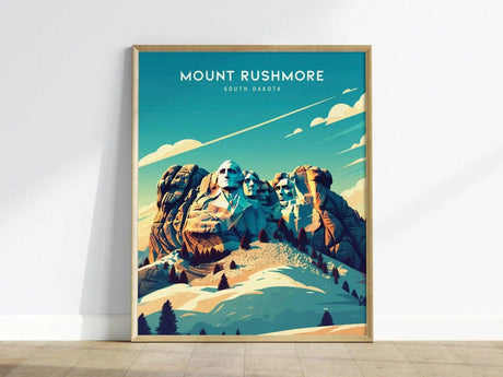 Framed Mount Rushmore poster featuring stylized granite faces under a vibrant blue sky with clouds. The artwork highlights the monuments majestic cliffs, adding a bold statement to any space.