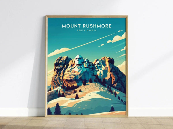 Framed Mount Rushmore poster featuring stylized granite faces under a vibrant blue sky with clouds. The artwork highlights the monuments majestic cliffs, adding a bold statement to any space.