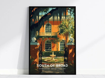 South of Broad Neighborhood, Charleston, South Carolina - Historic Wall Art Travel Poster Print Southeast Home Decor Southern Charm Gift Set