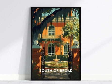 A vibrant poster of a historic Charleston home, showcasing lush greenery and a fountain in the foreground. The artwork highlights the elegant architectural details and Southern charm of the South of Broad neighborhood.