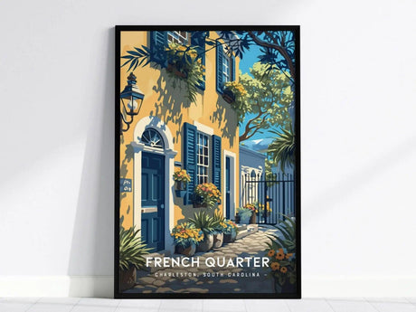 A framed poster depicting a sunny street in Charlestons French Quarter, featuring a yellow building with blue shutters, vibrant plants, and a wrought iron gate.