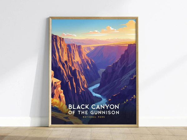A vibrant art print of Black Canyon of the Gunnison National Park features dramatic rock formations and a winding river, set against a colorful sunset sky. The poster is framed and showcases the parks stunning natural beauty.