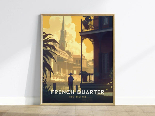 A framed poster depicts a stylized view of the French Quarter in New Orleans, featuring iconic architecture, palm trees, and a person in silhouette against a vibrant sunset background.
