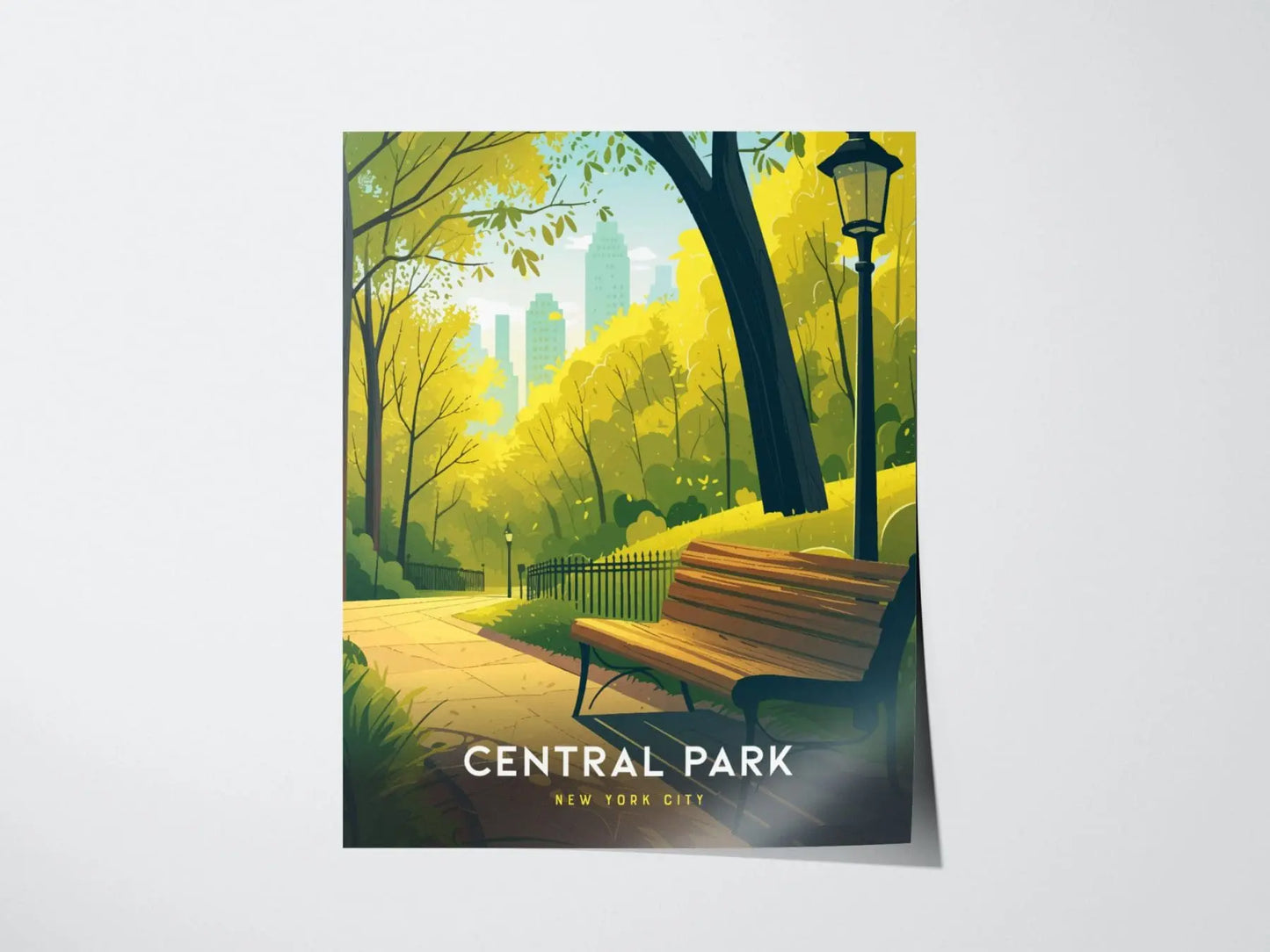 Central Park Poster, New York City Park View Art, Framed/Unframed NYC Wall Decor, Urban Park Bench Scene, Manhattan Skyline Gift