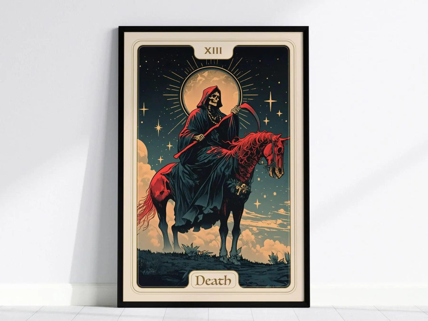 A striking poster features the Death Major Arcana tarot card, showcasing a skeletal figure on a red horse under a starry night sky, surrounded by clouds. The Art Nouveau style emphasizes themes of transformation and renewal.