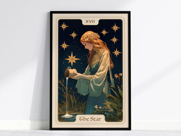 A beautifully illustrated poster of the Star Tarot card, featuring a serene maiden pouring water from a vessel beneath an eight-pointed star.
