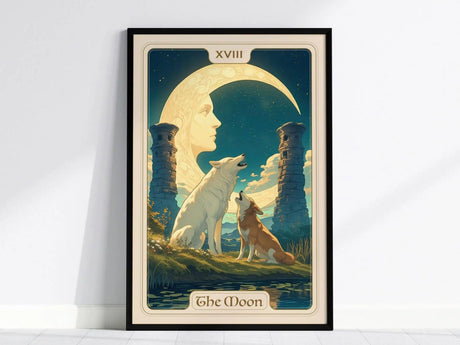 Framed poster of The Moon tarot card featuring a crescent moon, two howling wolves, ancient pillars, and a serene night sky. The artwork is styled in vintage art nouveau.