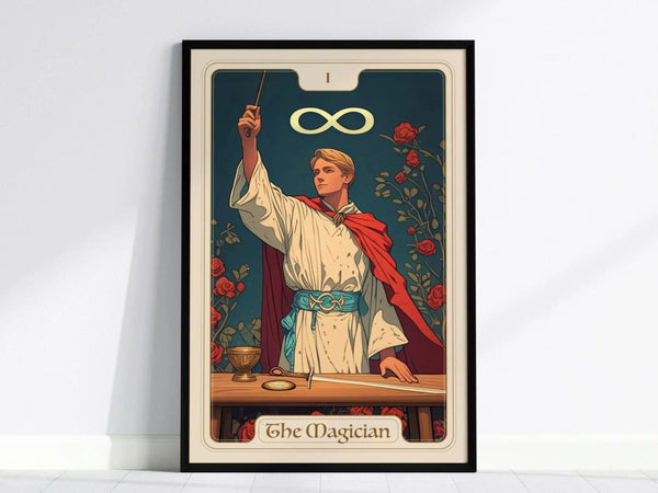 A framed poster of The Magician tarot card shows a figure in a robe holding a wand, with an infinity symbol above and tarot suits on the table.