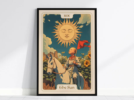 Framed tarot card poster of The Sun featuring a smiling sun, a child on a white horse holding a red flag, surrounded by blooming sunflowers under a clear sky.