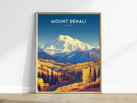 Framed Mount Denali poster showcasing a vibrant landscape with snow-capped peaks, rolling hills, and colorful autumn foliage under a clear blue sky. Text reads Mount Denali, Alaska.