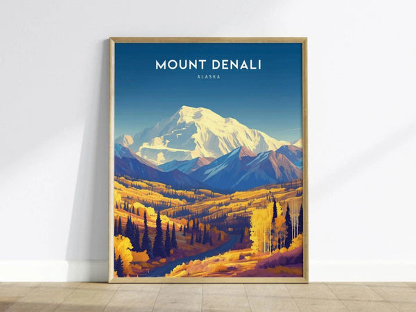Framed Mount Denali poster showcasing a vibrant landscape with snow-capped peaks, rolling hills, and colorful autumn foliage under a clear blue sky. Text reads Mount Denali, Alaska.