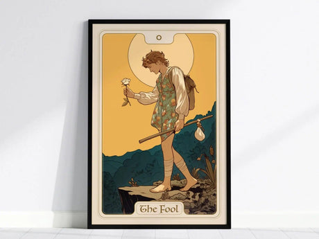 A framed illustration of The Fool Tarot card shows a carefree wanderer with a white rose, poised on a cliff, set against a golden background.