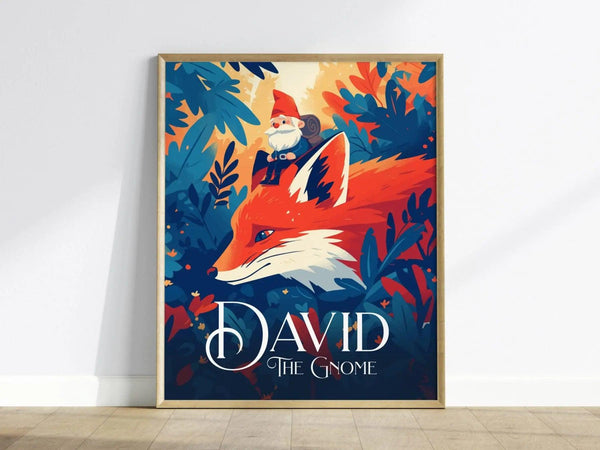 A framed poster featuring a gnome riding a fox amidst a vibrant, colorful forest backdrop with the text David The Gnome at the bottom.