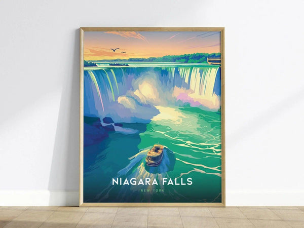 A colorful poster of Niagara Falls showing vibrant cascading water with a boat below, set against a sunset sky. The text reads Niagara Falls New York.