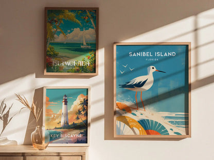 Sanibel Island, Florida Framed Wall Art - Sandpiper Gulf Coast Beach Shells Travel Poster Print Fort Myers Cottage Home Decor Artwork Gift