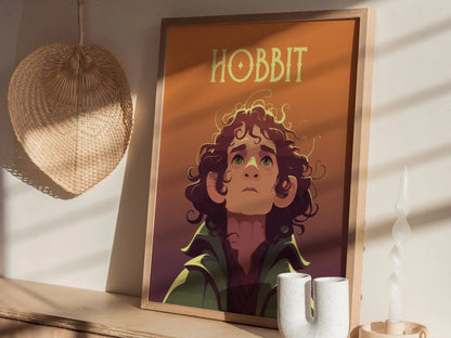 Hobbit Fantasy Character Portrait Framed Wall Art, LOTR Fan Gift, Game Room Decor, Mythical Folklore Bilbo Baggins Cottagecore Gamer Poster