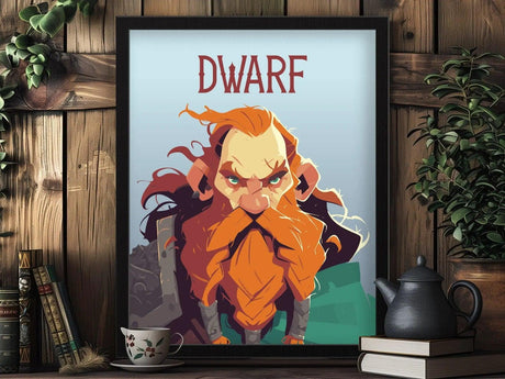 A framed poster of a fierce dwarf with fiery red hair and a bushy beard, set against a wooden wall with plants and books nearby.