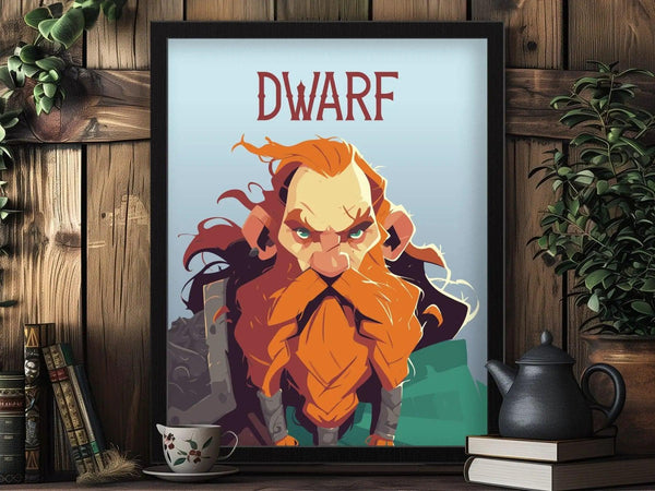 A framed poster of a fierce dwarf with fiery red hair and a bushy beard, set against a wooden wall with plants and books nearby.