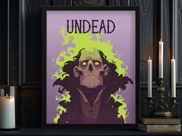 A framed poster titled UNDEAD features a stylized necromancer with hollow eyes and a decaying face, surrounded by eerie green flames. The artworks vibrant colors and haunting aura make it a striking addition to any fantasy-themed space.