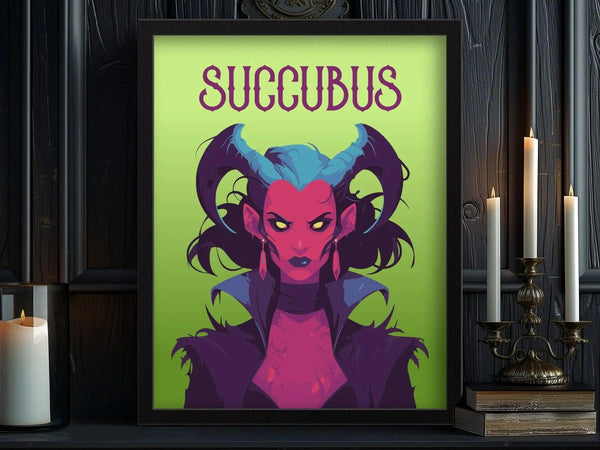 A framed poster of a succubus with vibrant blue horns and a fierce expression against a green background. The artwork is set on a dark shelf with lit candles.