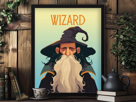 A framed poster of a wizard with a long white beard and a twisted hat is displayed on a wooden wall. Books, a teapot, and a plant surround it.