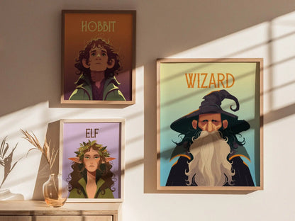 Wizard Fantasy Portrait Framed Wall Art, LOTR Fan Gift, Game Room Decor, Magic Harry Potter Folklore Gandalf Cottagecore Gamer Poster Set