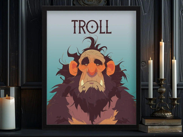 A framed poster of a troll with expressive features and wild hair is displayed against a dark wooden wall, flanked by lit candles in elegant holders.