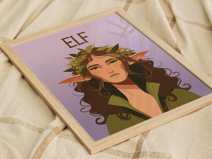 Elf Fantasy Portrait Framed Wall Art, LOTR D&D Warcraft Fan Gift, Wood Elf Wiccan Room Decor, Elvish Folklore Elves Cottagecore Poster