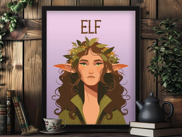 A framed portrait of an elf with autumn leaves in her hair is displayed on a wooden shelf, surrounded by plants, books, and a teapot with a cup.