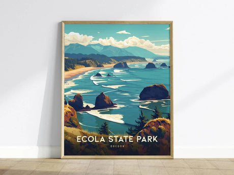 Framed artwork of Ecola State Park with a scenic view of a beach and mountains.