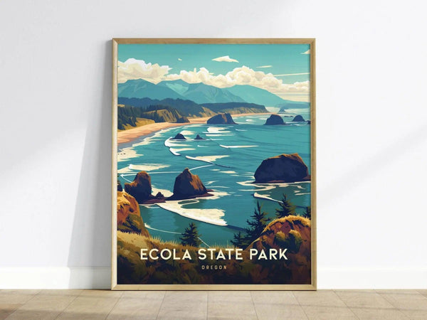 Framed artwork of Ecola State Park with a scenic view of a beach and mountains.