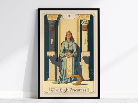 A framed High Priestess tarot poster features a serene figure seated between two pillars labeled B and J, with the word TORA visible. The design embodies intuition and mysticism.