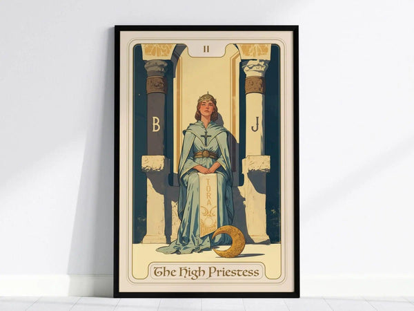 A framed High Priestess tarot poster features a serene figure seated between two pillars labeled B and J, with the word TORA visible. The design embodies intuition and mysticism.