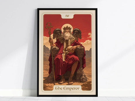 A framed poster of the Emperor Tarot card features a regal figure seated on a stone throne, adorned in a red robe and crown, holding a staff and orb.