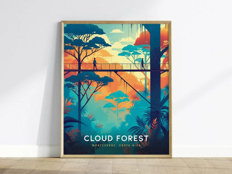 A vibrant poster depicts a silhouette of a person walking on a canopy bridge amidst colorful, stylized trees, with Cloud Forest Monteverde, Costa Rica inscribed at the bottom.