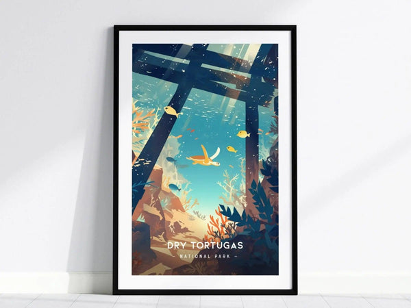 A vibrant minimalist poster of Dry Tortugas National Park features a serene underwater scene with sunlight filtering through the water, revealing colorful coral and marine life, including fish and a turtle.