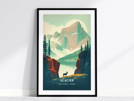 A minimalist poster featuring Glacier National Park showcases a serene alpine lake surrounded by majestic mountains and evergreen trees. A lone bighorn sheep stands in the foreground, adding a touch of wildlife to the tranquil scene.