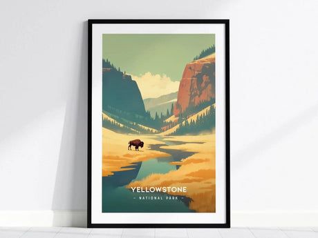 A framed poster of Yellowstone National Park features a minimalist design with a bison, river, and colorful cliffs under a clear sky. Bold text reads Yellowstone National Park.