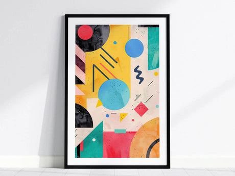 Framed abstract poster featuring bold geometric shapes and vibrant colors, including circles, squares, and zigzags, against a multicolored backdrop. The design exudes a 1990s retro aesthetic.