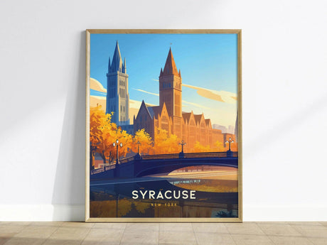 Framed poster of Syracuse, New York, featuring a stylized skyline with prominent spires, a bridge, and autumnal trees against a blue sky. Text reads Syracuse New York.