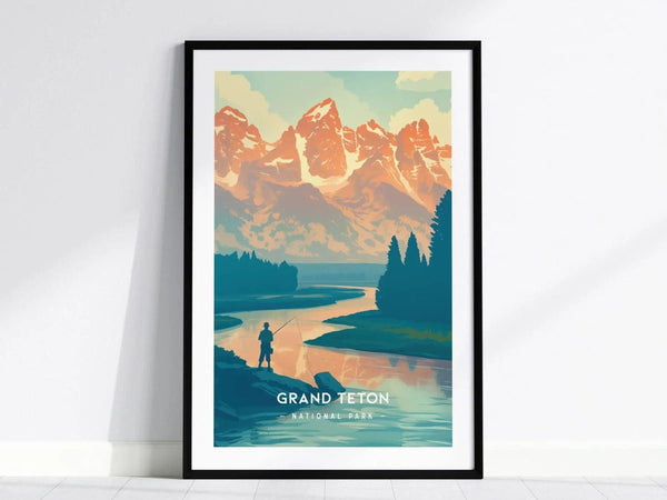Framed minimalist poster of Grand Teton National Park, featuring a silhouette of a fisherman by a tranquil river, with towering mountains and trees in the background.