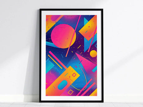 A framed poster featuring a vibrant 90s aesthetic with neon geometric shapes in pink, purple, yellow, and blue against a dark background. Perfect for retro nostalgia lovers.