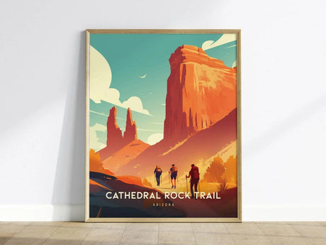 A vibrant illustrated poster depicting Cathedral Rock Trail in Sedona, Arizona, features towering red rock formations against a colorful sunset sky.
