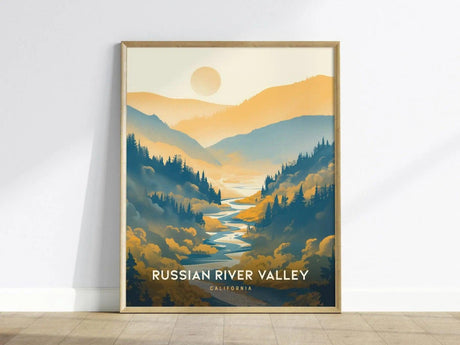 Framed artwork of the Russian River Valley features stylized mountains and a sunlit river with vibrant colors. The text Russian River Valley, California is displayed at the bottom.